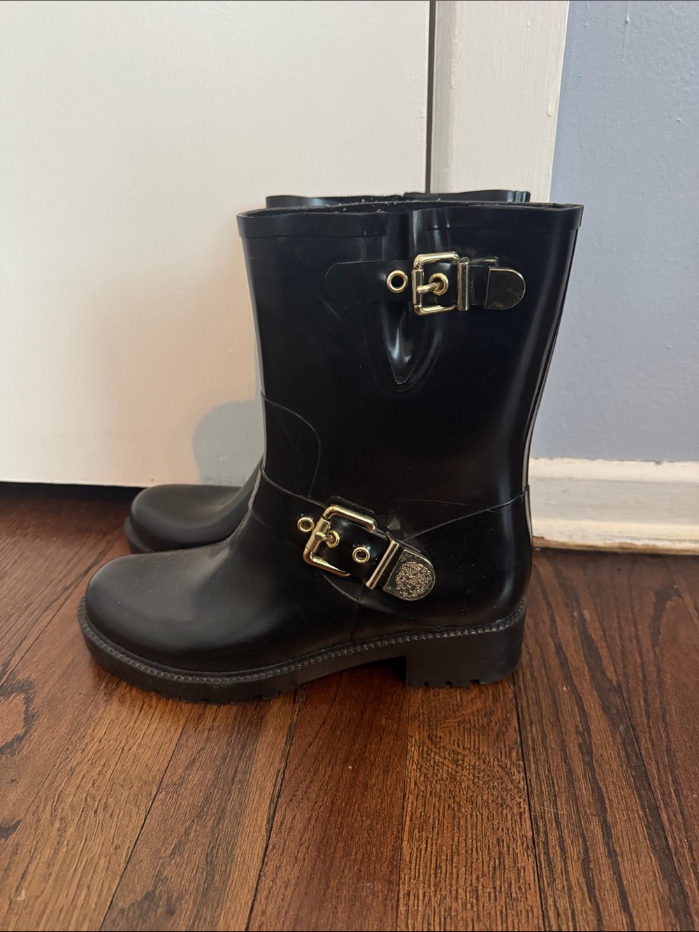 Vince Camuto Black Rain Boots with Gold Buckles